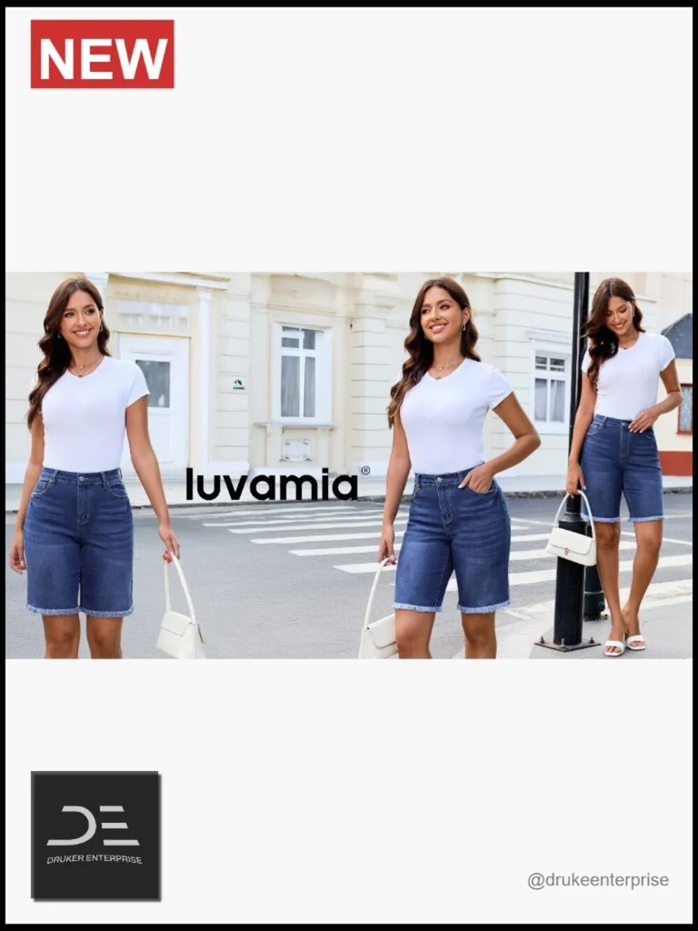 Mid Rise Raw Hem Bermuda Shorts with Pockets Stretchy Denim